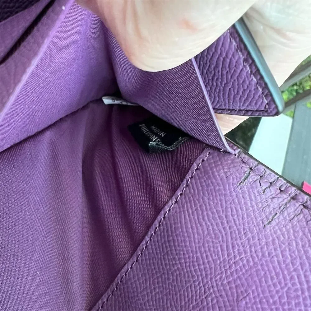 VINTAGE COACH Leather Trifold Wallet Purple Pebble Leather with Silver Hardware